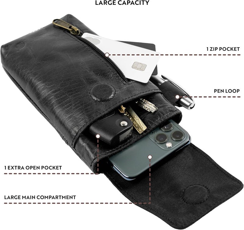 Moonster Leather Phone Holster – Genuine Full-Grain Buffalo Leather Pouch 7”H x 3.5" W Leather Cell Phone Holster for Large Smartphones Handmade Leather Secure Phone Belt Holder Black - Image 5